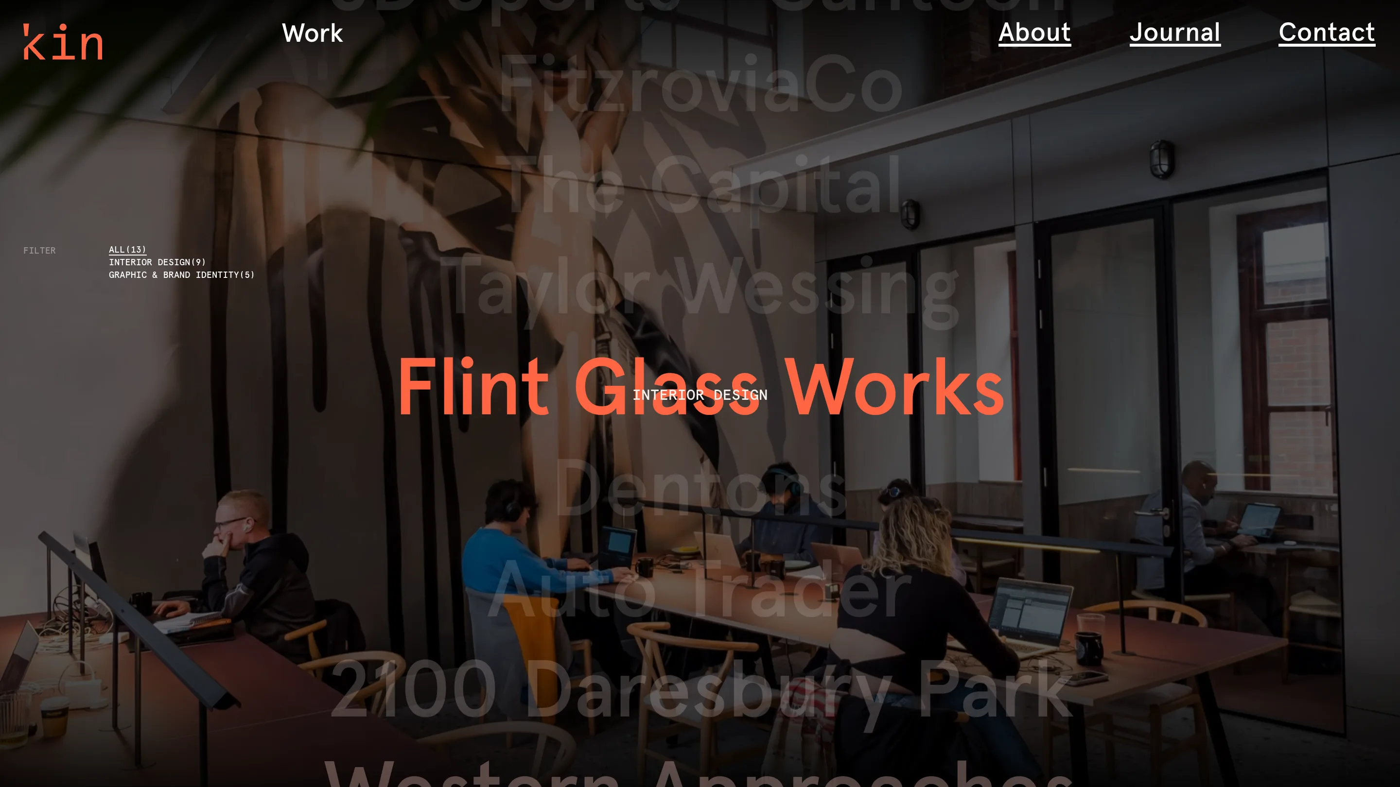 'kin's work page: a full-bleed office photo with the project name Flint Glass Works in orange over a ghosted list of other project names