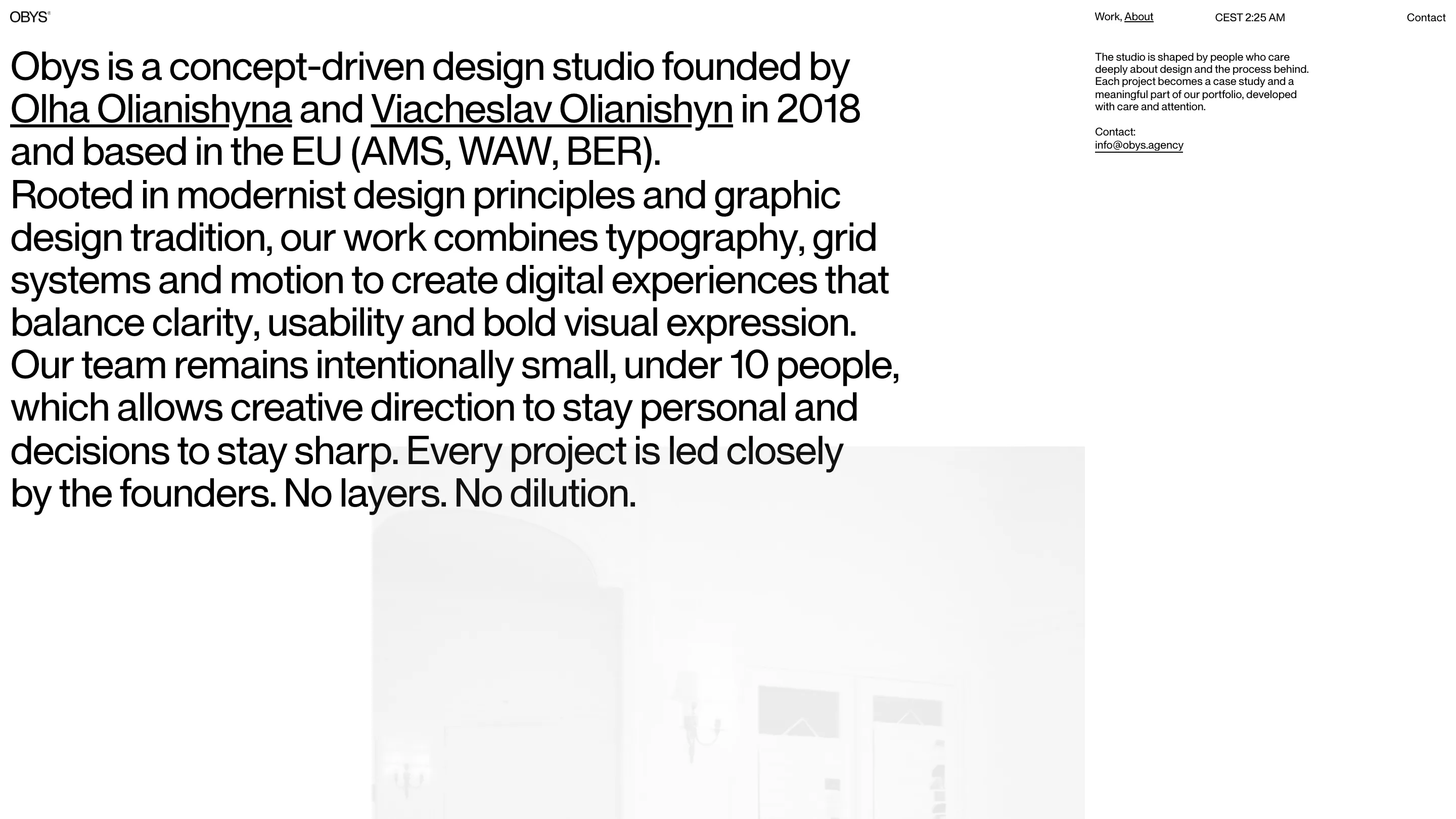 The Obys about page: one long statement set in the studio's own sans, black type on white at a single weight.