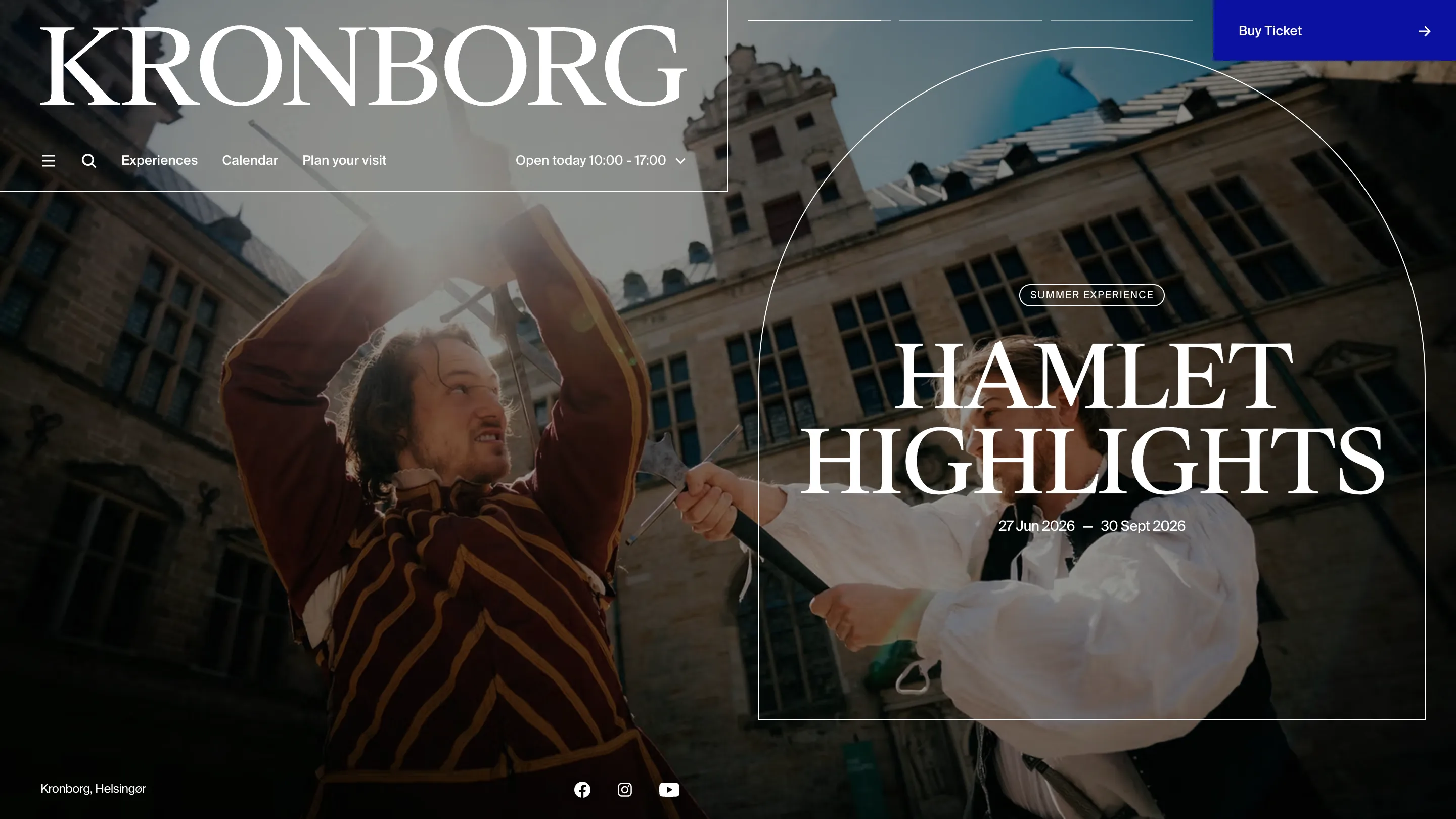The Kronborg home page: the KRONBORG wordmark and a boxed nav in the top-left corner, a hairline arch drawn over a photo of two actors sword-fighting in the castle courtyard, and a blue Buy Ticket button in the opposite corner.