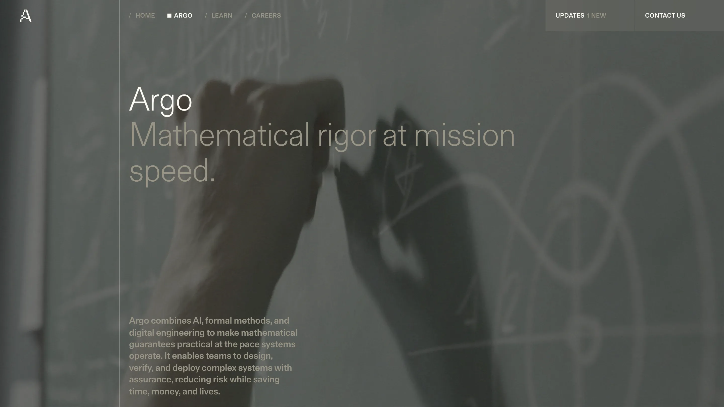 The Argo product page on atalanta.tech, a chalkboard photograph dimmed under a warm olive scrim with the headline set over it