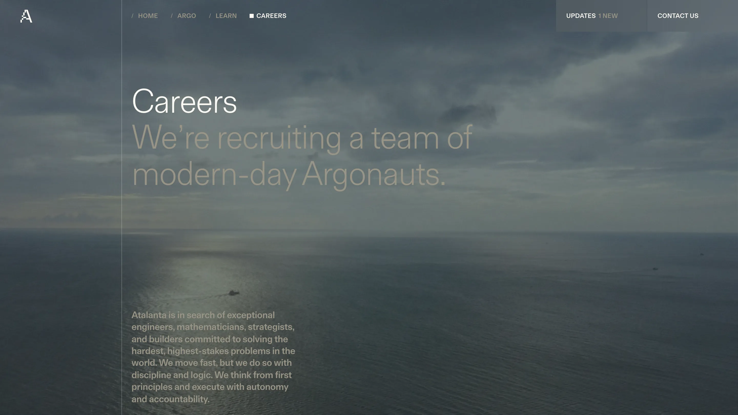 The Careers page, with the word Careers in off-white above a muted line reading We're recruiting a team of modern-day Argonauts