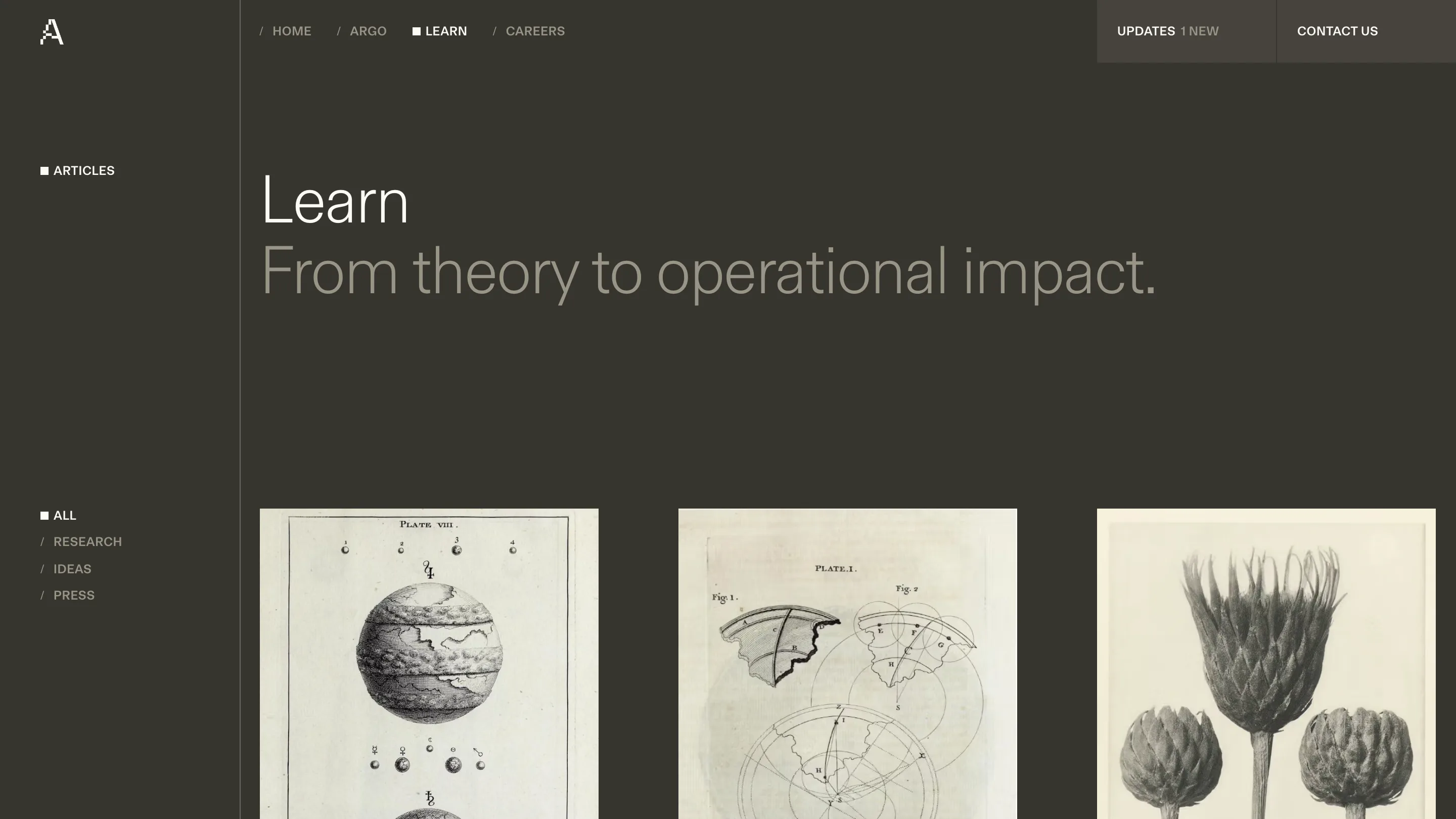 The Learn index on atalanta.tech, with a sidebar of filters and cards showing 19th-century engraved scientific plates