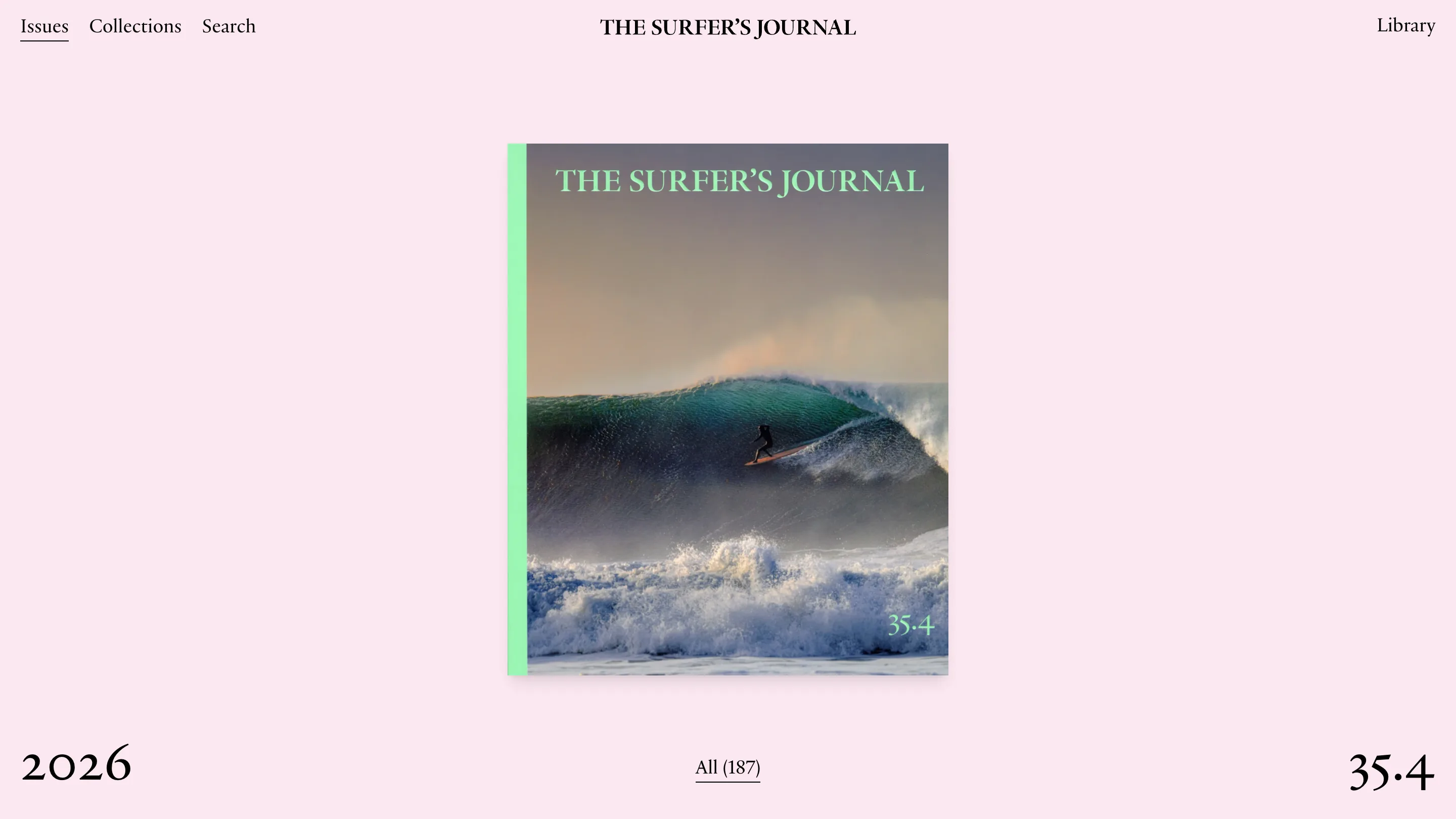 The Surfer's Journal archive index: the cover of issue 35.4 centred on a pale pink page, with the year 2026 at bottom left and 35.4 at bottom right in old-style figures
