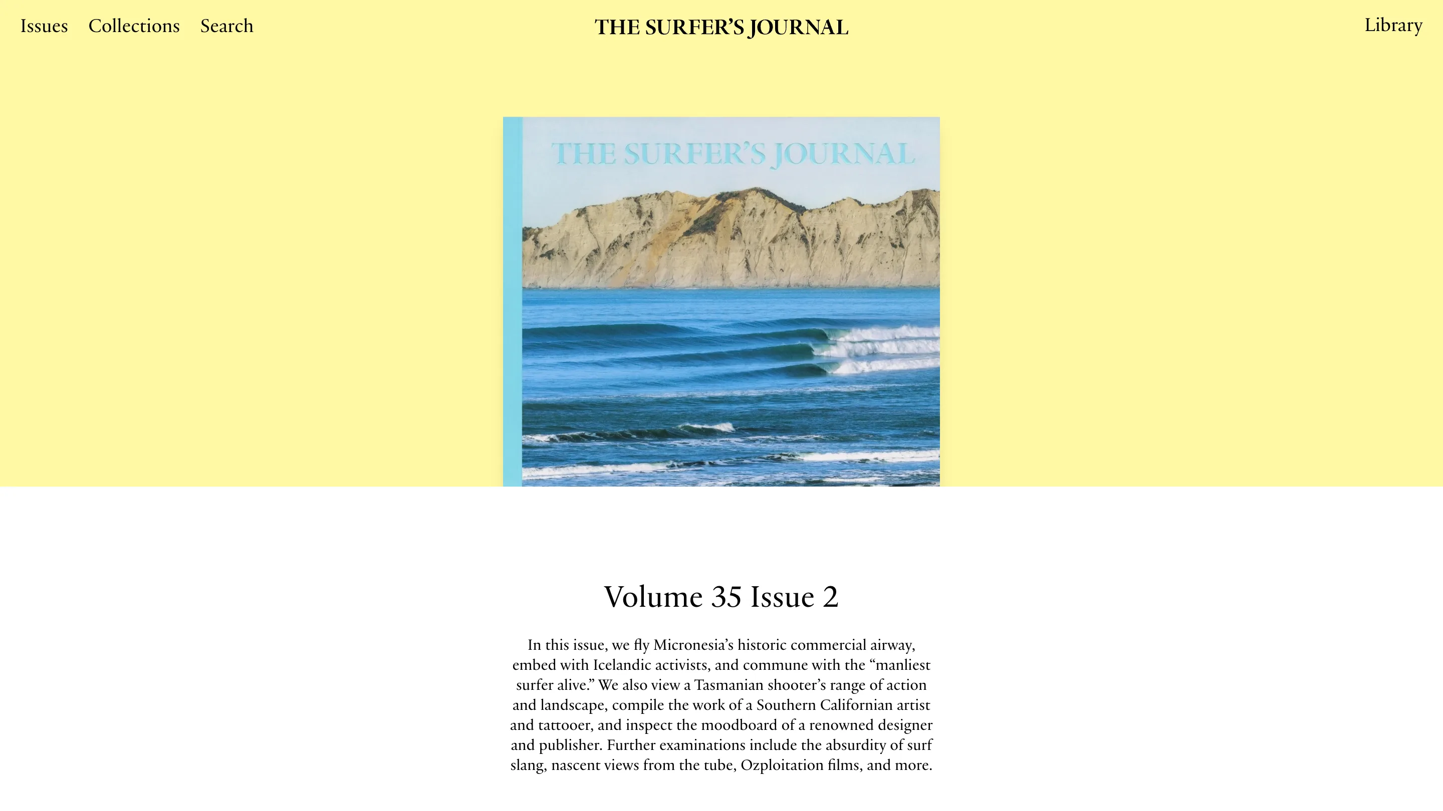 The Surfer's Journal archive page for issue 35.2, a cover photograph of a headland and lines of swell centred on a butter-yellow ground with a pale blue strip down the spine