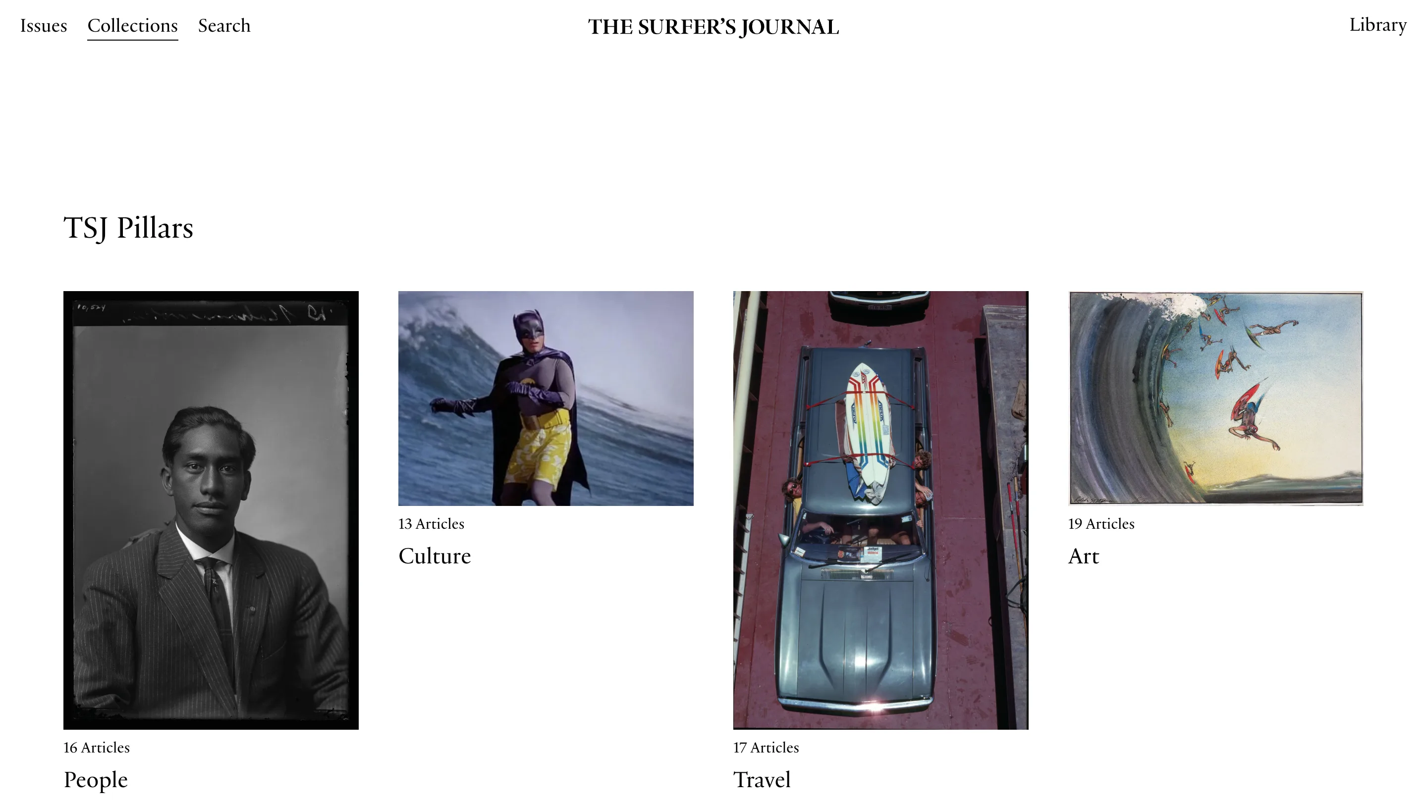 The TSJ Pillars row on the collections page: a tall black-and-white portrait, a wide film still, a tall overhead photo of a car with surfboards, and a wide painting, each with its article count above its name