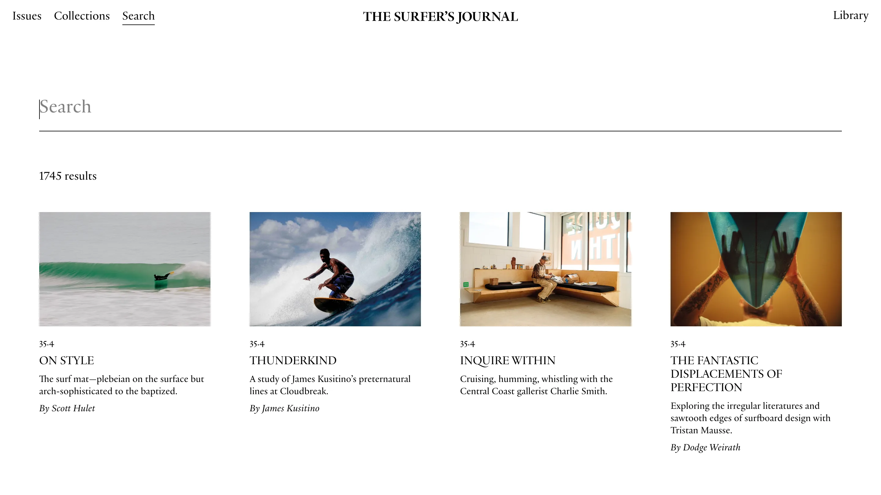 The archive search page: an empty serif input at headline size, the line "1745 results", and a row of four article cards with photographs, titles and bylines