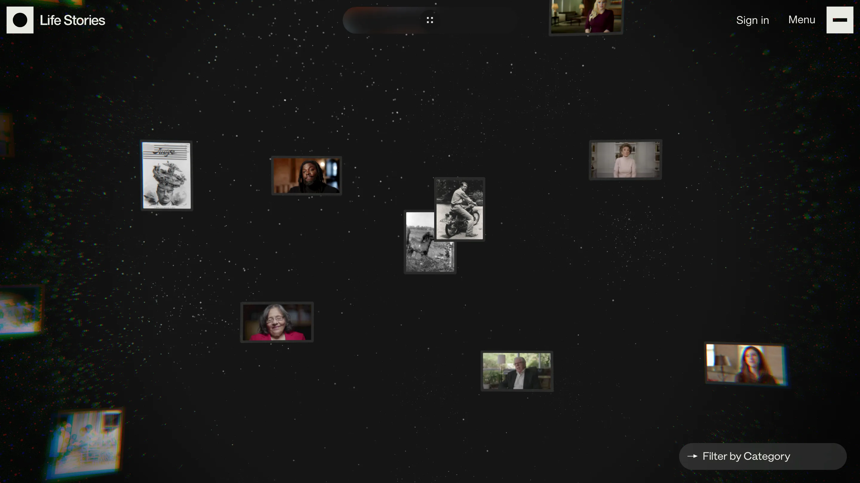 The Life Stories Discover page, a dark star field with interview thumbnails and archive photographs floating at different depths