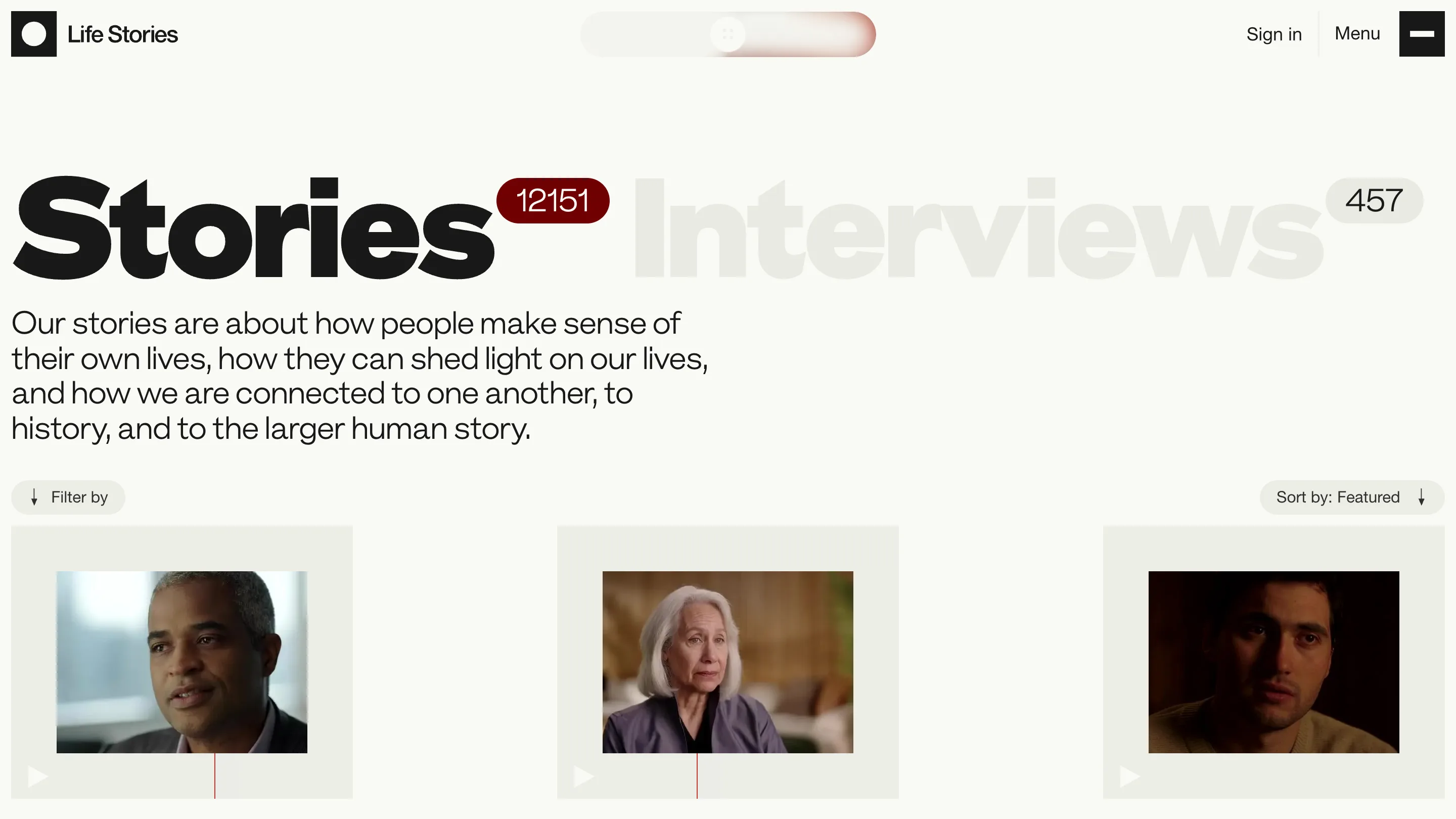 The Life Stories index page, with the word Stories and a red 12151 counter beside a faded Interviews heading and its 457 counter