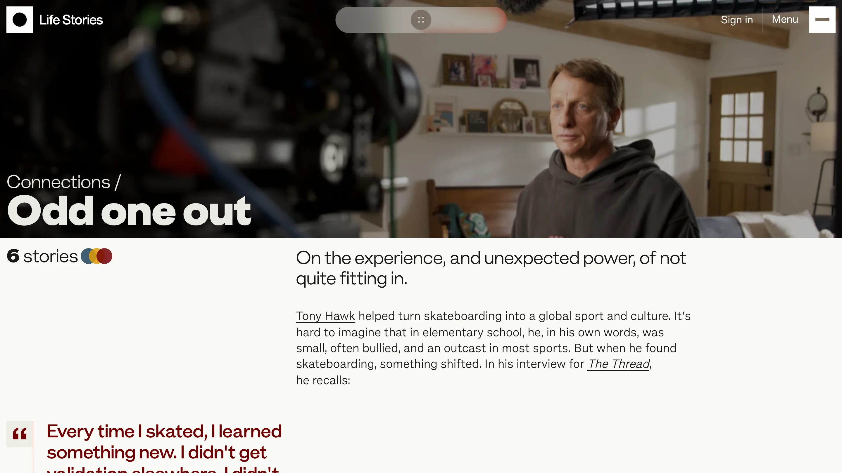 The Odd one out Connections page, with a film still of Tony Hawk, the title in white display type and a red pull quote below